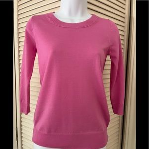 Crew neck merino wool sweater 3/4 sleeves in Wild Petunia ribbed at hem & neck